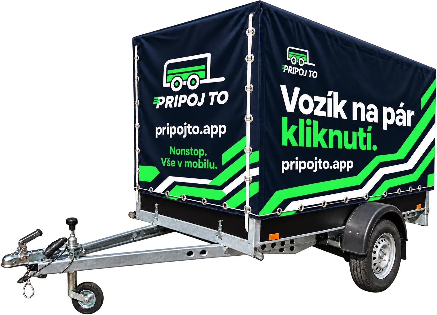 Přívěsný vozík Připoj to s plachtou a nápisem Vozík na pár kliknutí